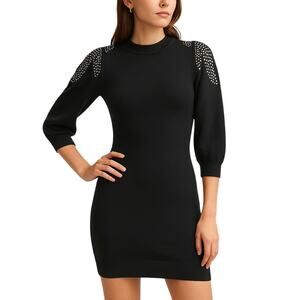Women's 4 Bodycon Dress Black Knit Silver Studded Shoulders Evening Party